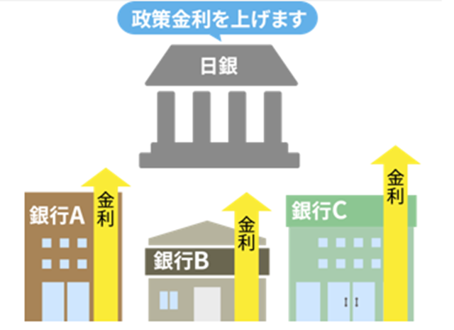日銀は、2024年7月の金融政策決定会合において政策金利を0.25%程度へ 引き上げたため、金融機関が相次いで短期プライムレートを 引き上げることになった構図/岡崎市 税理士法人アイビス